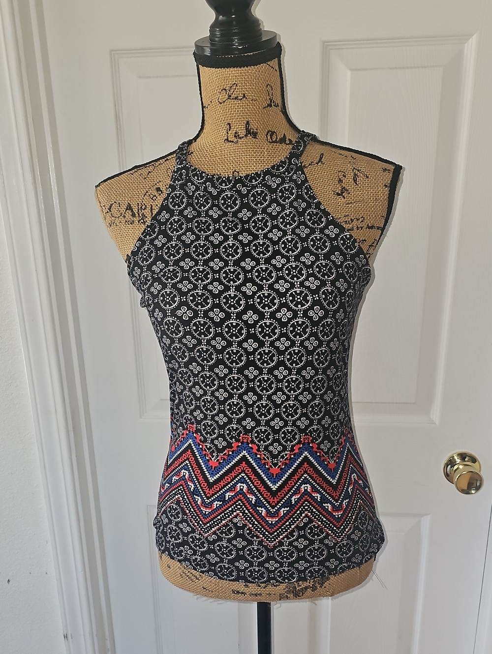 No Boundaries Black Printed Halter Tank with Chevron Accent